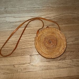 Handwoven Round Rattan Bag Shoulder Leather Straps